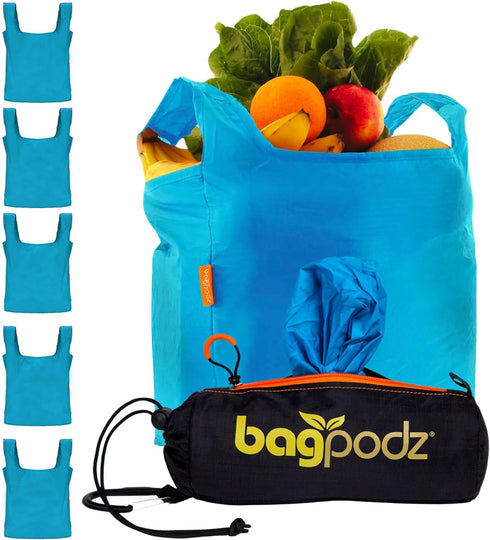 BagPodz Sturdy Reusable Grocery Bags Foldable and Washable - Made From RipStop Nylon
