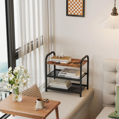 3-Tier Closet, 6 Shoe Rack, Heavy-Duty Metal Grid, Rustic Wooden Top & Guardrails - for Entryway, Bathroom (Holds