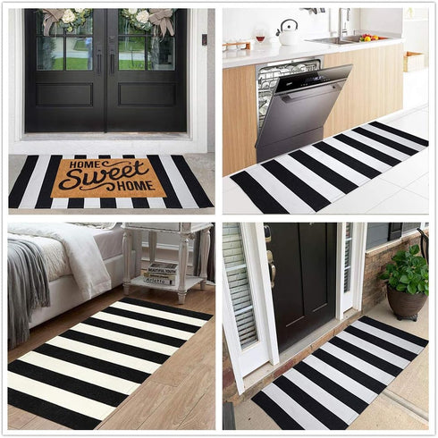 Black and White Striped Rug, 23.6 x 51.2 Inches Handmade Woven Indoor/Outdoor Doormat for Kitchen and Living Room