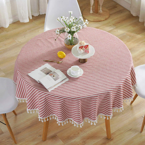 meioro Round Tablecloth Stripe Tassel Table Cloth Cotton Linen Dust-Proof Cover for