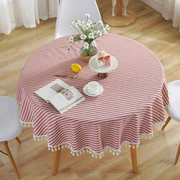 meioro Round Tablecloth Stripe Tassel Table Cloth Cotton Linen Dust-Proof Cover for