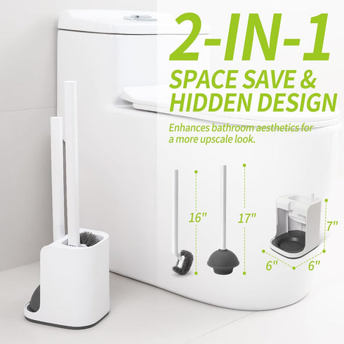 Set 2 Pack, IVYROLL Toilet Brush and Plunger Hidden, S-Shaped Toilet Brush Plunger Combo Perfect for Homes, Apartments