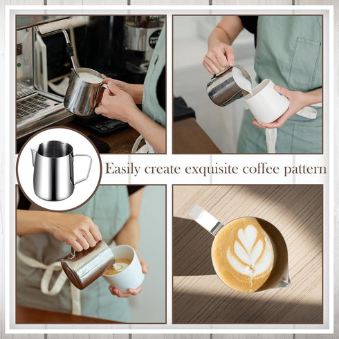 Dandat 8 Pcs Milk Frothing Pitcher Set - 12 Oz Stainless Steel Frother Cup for Espresso and Latte Art