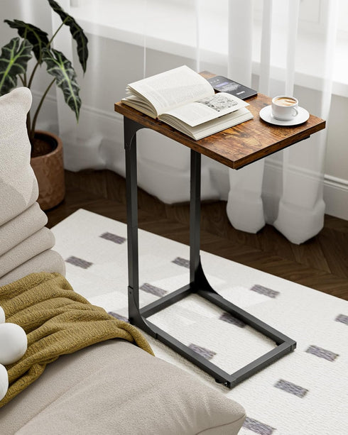 C-Shaped Side Table for Couch - Small Coffee Stand Sofa Tray Desk with Metal Frame and Waterproof Scratch Resistant