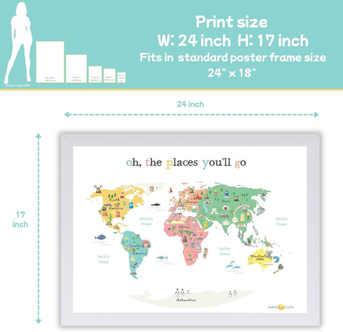 Oh the Places You'll Go Illustrated Kids World Map, 24x17”, Vibrant Educational Wall Decor with Animals