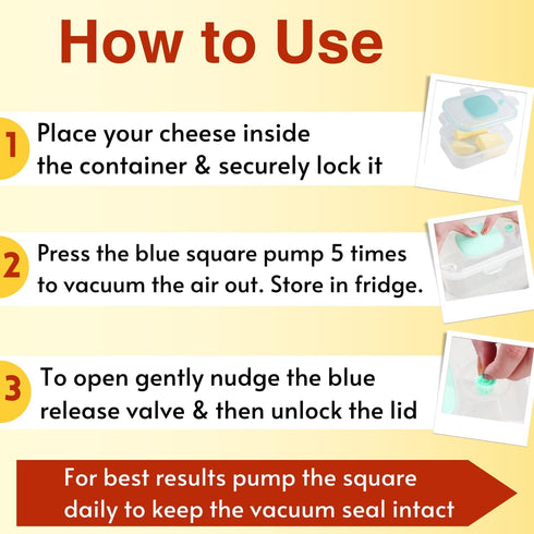 FoodLite The Quick Vac: Only Airtight Vacuum Sealed Cheese Saver Container - Perfect For Keeping Cheddar, Parmesan
