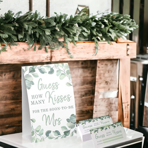 Your Main Event Prints Eucalyptus Bridal Shower Games - How Many Kisses For The Mrs, Includes 1 Stand (5x7) & 50