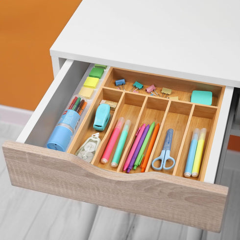 Kitchen Bamboo Silverware Organizer, Natural Utensil Holder and Cutlery Tray with 7 Slot Grooved Dividers
