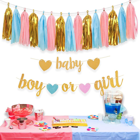 Baby Gender Reveal Decorations - Glitter Letters Banner with Hearts, Tissue Paper Tassels Garland Set