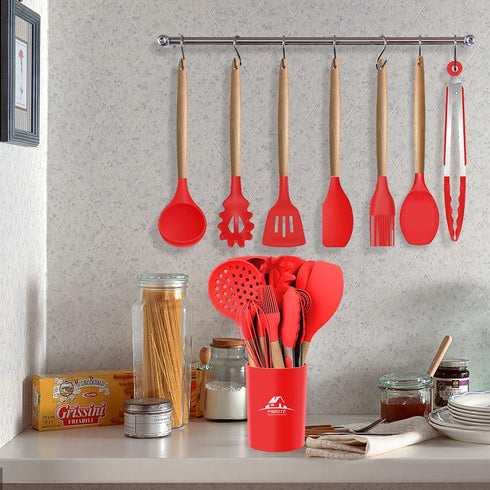 MIBOTE 17 Pcs Silicone Cooking Utensils Set - 446°F Heat Resistant Kitchen Gadgets with Holder, Red