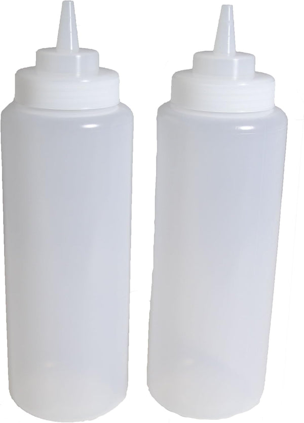 Set of 3, 32 Oz. Large Clear Squeeze Bottle, Open-tip, Wide Screw-on Spout, Durable Polyethylene Plastic