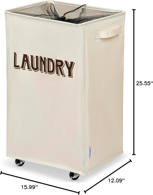 90-Liter Wondersome Laundry Hamper with Wheels - Farmhouse Cream - Extra Large Collapsible Rolling Clothes Cart - Heavy