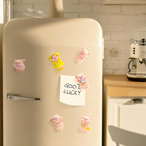 Set of 6 Pink Pig Refrigerator Magnets, 3D Round Face Party Pack for Silver Fridge, Office Dry Erase Board, Stainless