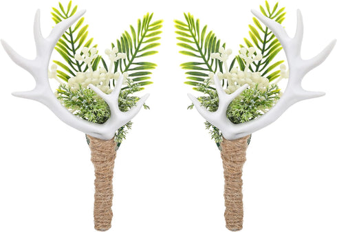 Woodland Boutonniere Set for Men - 2PC Handmade Greenery Corsage, White Antler for Wedding, Groomsmen, Formal Events