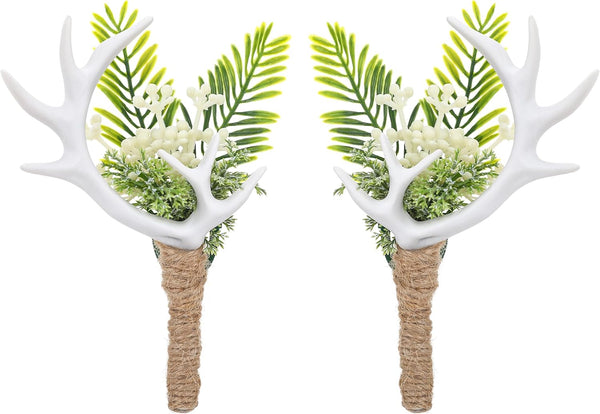 Woodland Boutonniere Set for Men - 2PC Handmade Greenery Corsage, White Antler for Wedding, Groomsmen, Formal Events