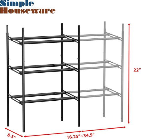 3-Tier 12 Simple Houseware Expandable Shoe Racks with Shelves for Pairs of Shoes, Black