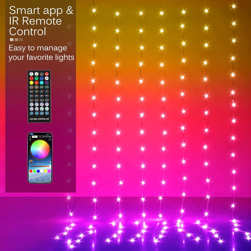 6.6ft 6.6ft 200 LED Curtain Lights, x LED RGB Color Changing String Fairy Lights Curtain Smart APP Control, Music