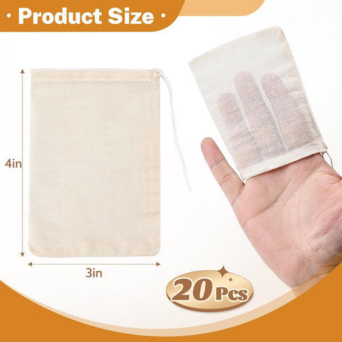 20 4 3 Inches Pcs Muslin Bags with Drawstring, Reusable Tea Bags, Spice Bags for Cooking Soup/Herb/Loose Leaf Tea