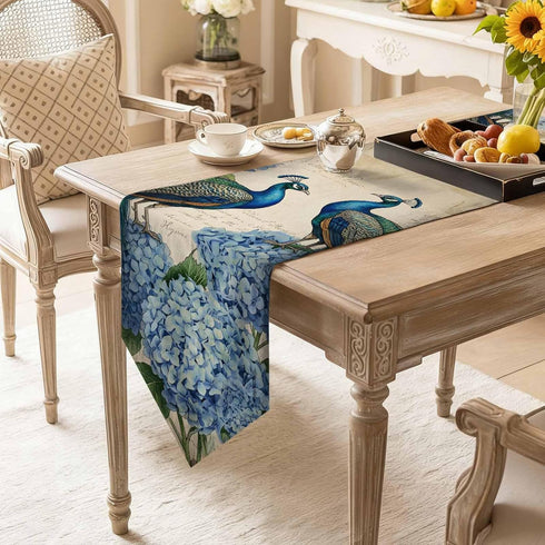 LooPoP 90 Inches Farmhouse Vintage Peacock Table Runner-Cotton Linen-Long Dresser Scarves, Farmhouse Table Runner