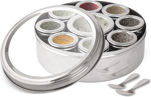9 KSJONE Large Spice Container Masala Dabba With Compartments, Masala Box, Spice Container Box, Stainless Steel Spice