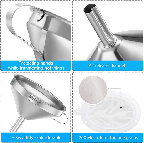 KALAVE Premium Stainless Steel Funnel, 5 Inch Food Grade Kitchen Funnel with 200 Mesh Food Filter Strainer