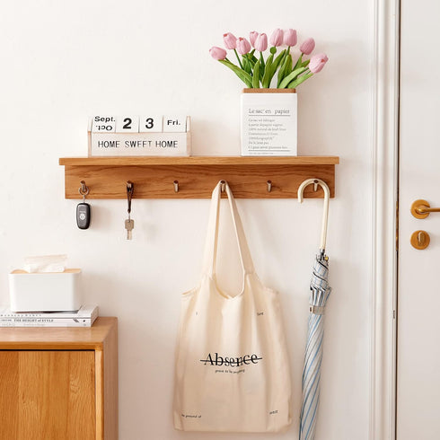 Wall Mounted Coat Rack Shelf, Oak Wood Entryway Shelf with 5 Hooks, Floating Shelf for Bedroom, Living Room