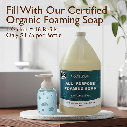 8oz SoCal Suds & Company Foaming Hand Soap Dispenser Glass, Liquid Soap Pump with Cloud & Star Sleeve, Refillable