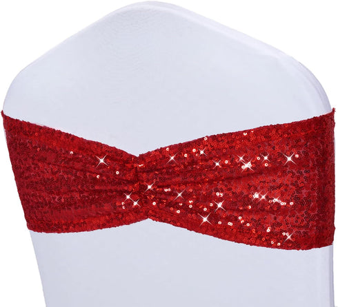 Poise3EHome Red Sequin Chair Sashes, Folding Chair Covers Bow for Wedding Party Reception Decorations, 10 PCS