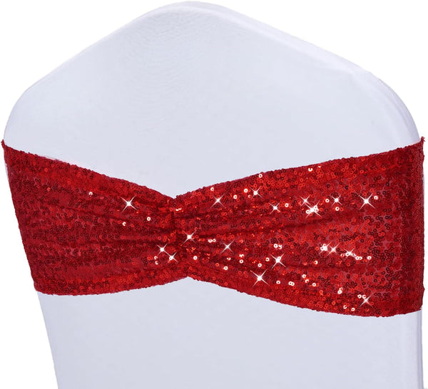 Poise3EHome Red Sequin Chair Sashes, Folding Chair Covers Bow for Wedding Party Reception Decorations, 10 PCS