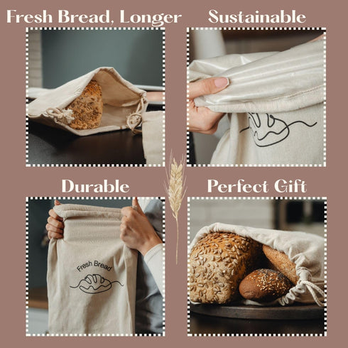 3-Pack 12"x15" Linen Bread Bags for Homemade Bread Reusable Bread Storage Bags with Inner Lining Sourdough Bread Bags