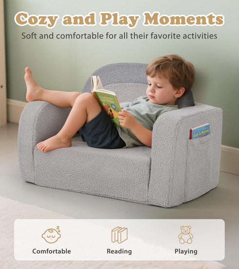 Foryoomi 2-in-1 Kids Couch, Soft Toddler Couch Fold Out with Blanket, Comfy Toddler Chair, Convertible Sofa, Gifts