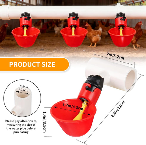 Pack 6 1/8 Inch Chicken Waterer Cups, of Chicken Waterer PVC Tee Fittings, with FTP Threads, Automatic Chicken Water