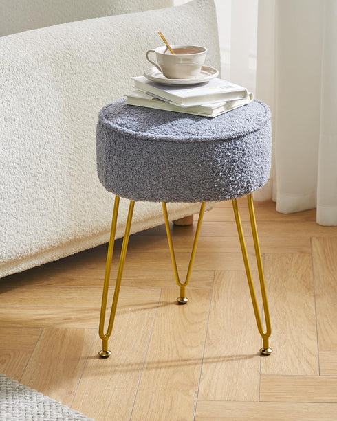 WBD009G IBUYKE Teddy Velvet Round Footrest Stool Ottoman, Makeup Vanity Stool Side Table, Velvet Dressing Table Seat