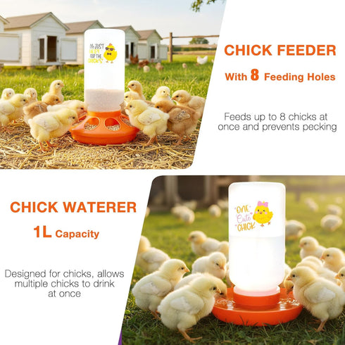 ATHCOHT Set,Automatic 1L 2 Chicken Feeder and Waterer Chick Feeder and Waterer with Wooden Perch,Baby Chicks Supplies