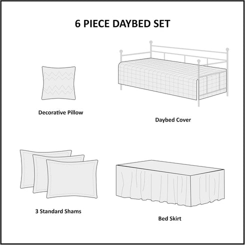 Madison Park 6-Piece Daybed Cover Set, Damask Quilted Coastal Bedding, Pre-washed Cotton-Filled, Tuscany, Cream, 39"x75"