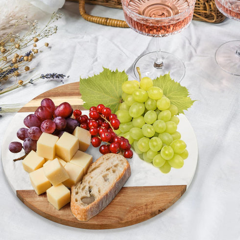Okllen 12" Marble Cheese Board and Acacia Wood Serving Board, Handcrafted Round Tray for Cheese and Charcuterie