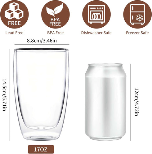 MESNEY 17oz Double Walled Glass Coffee Mugs, Insulated Clear Cappuccino Latte Glass Coffee Mugs for Home, Cafe