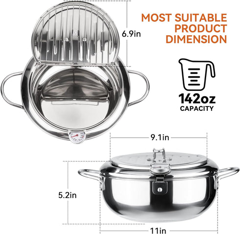 Kerilyn Deep Fryer Pot, 11 Inch/4.2L Japanese Style Tempura Frying Pot with Lid, 304 Stainless Steel