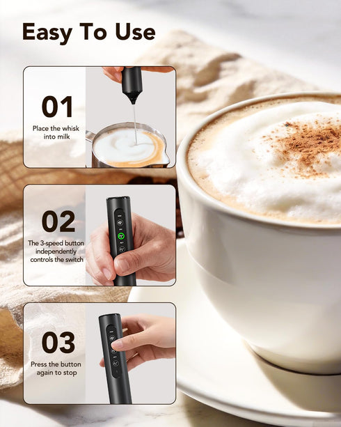 3-in-1 3 Electric Milk Frother with Stand, Rechargeable LED Display & Speeds - Portable Whisk for Coffee, Protein