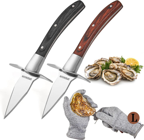 Oyster Shucking Knife Set, 2 Sturdy Sharp Oyster Knives with Comfort Wood Handle and Cut-Resistant Gloves (L)