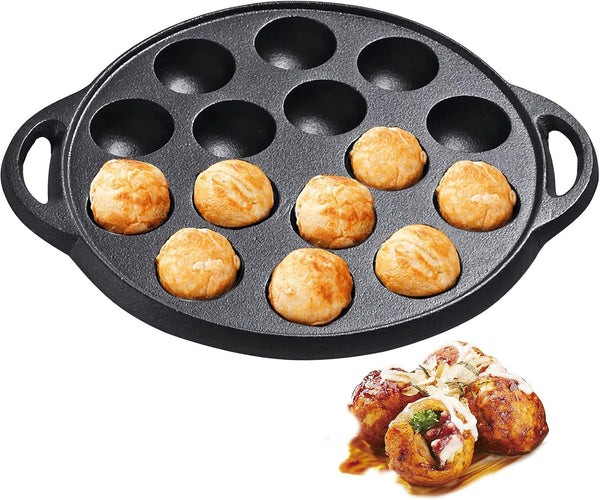 WUWEOT Non-Stick Aebleskiver Pan, Pre-Seasoned Cast Iron Pancake Octopus Ball Grill, 1.5" Diameter