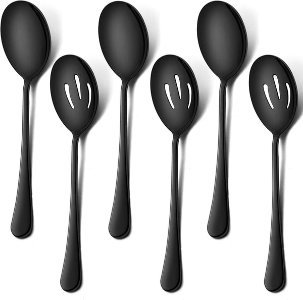 LIANYU 6-Piece Large Black Serving Spoons, Slotted Serving Utensils for Party Buffet, 9.8 Inch, Dishwasher Safe