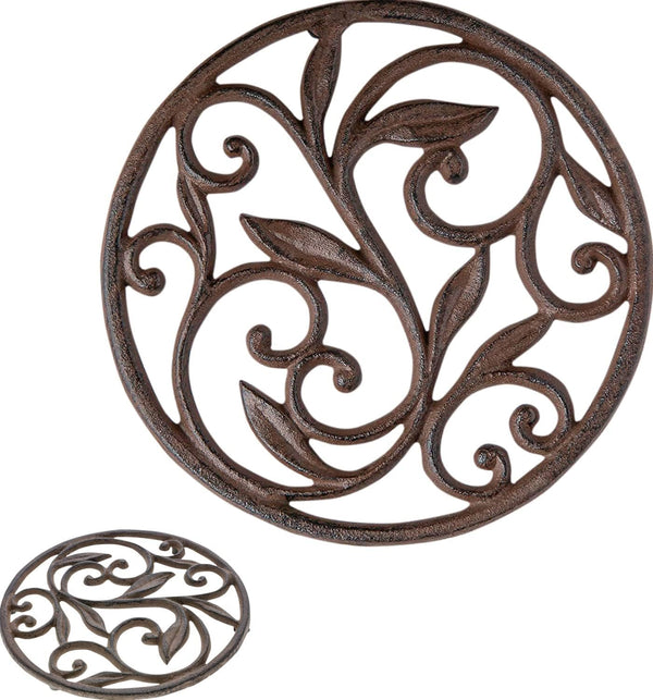 Cast Iron Trivet, Round with Vintage Pattern, 7.7" Diameter, Rust Brown Color