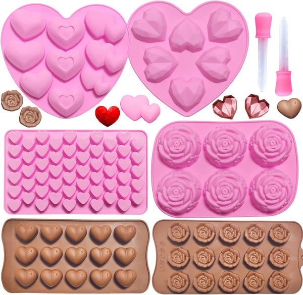 6PCS Diamond Heart Silicone Mold, Valentines Day Rose Flower Chocolate Mold with 2 Liquid Droppers for Baking