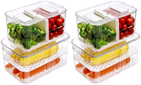 SANNO Fridge Produce Saver Storage Containers - Stackable Vegetable Fruit Bins, Set of 4 Fresh Keeper Organizer Drawers