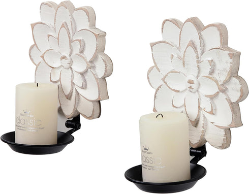 Set Farmhouse Candle Sconces of Two, Handcarved Wall Candle Holders Decorative, Flower Pattern, Distressed Finish