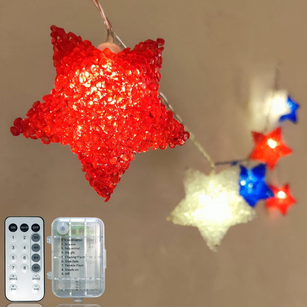 Red White Blue Star Lights, 6.8Ft 4th of July Decorations, Battery Operated LED String Lights