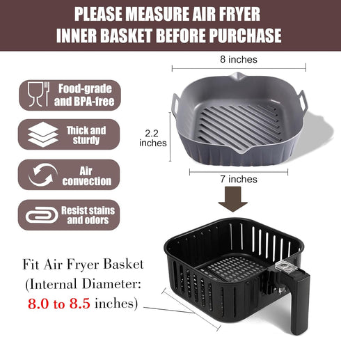 Silicone Liners Square 8 Inches for Air Fryer, 2 Pcs Non-stick Food-grade Reusable Baking Tray Accessories