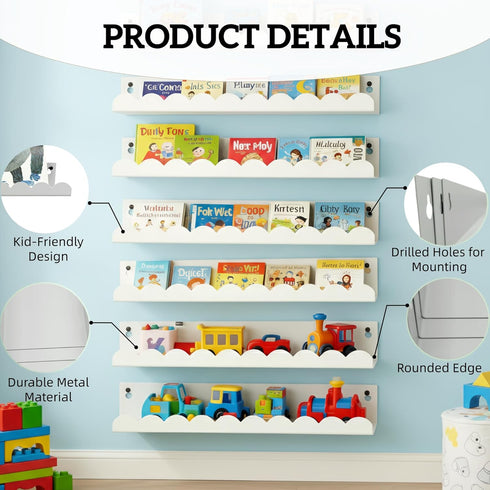 Set 6, 16 Inch Nursery Book Shelves of White Metal Floating Shelves for Wall, Scalloped Book Shelf for Kids Room