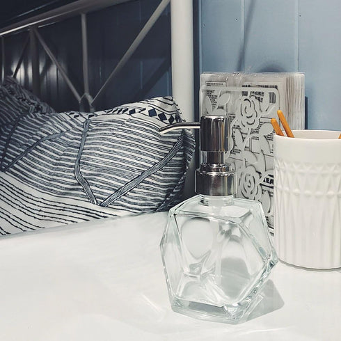 Modern Geometric Shape Clear Glass Soap Dispenser, Lotion Dispenser Bottle with Rust Proof Stainless Steel Pump for